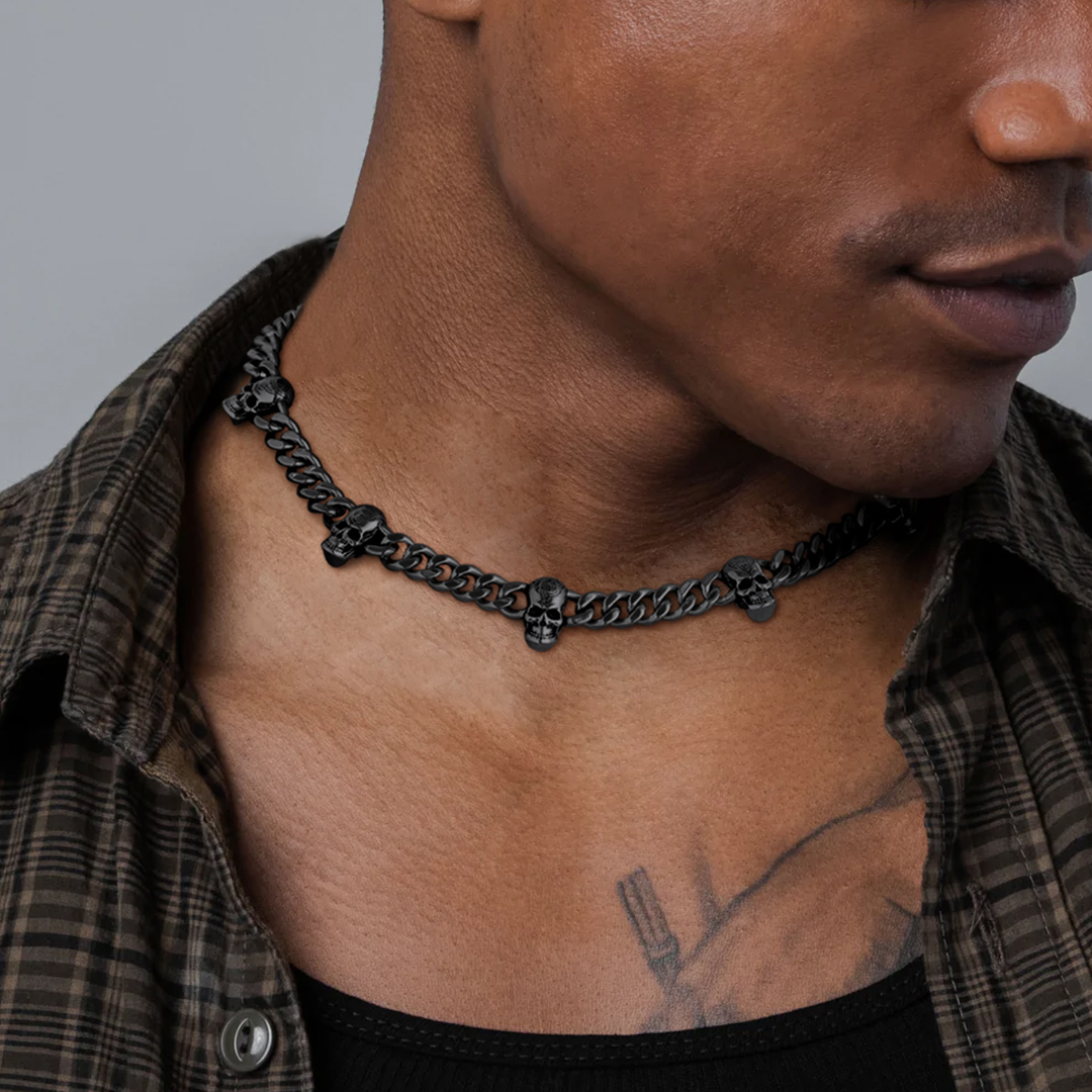 Gothic Skull Cuban Chain Necklace for Men - Black