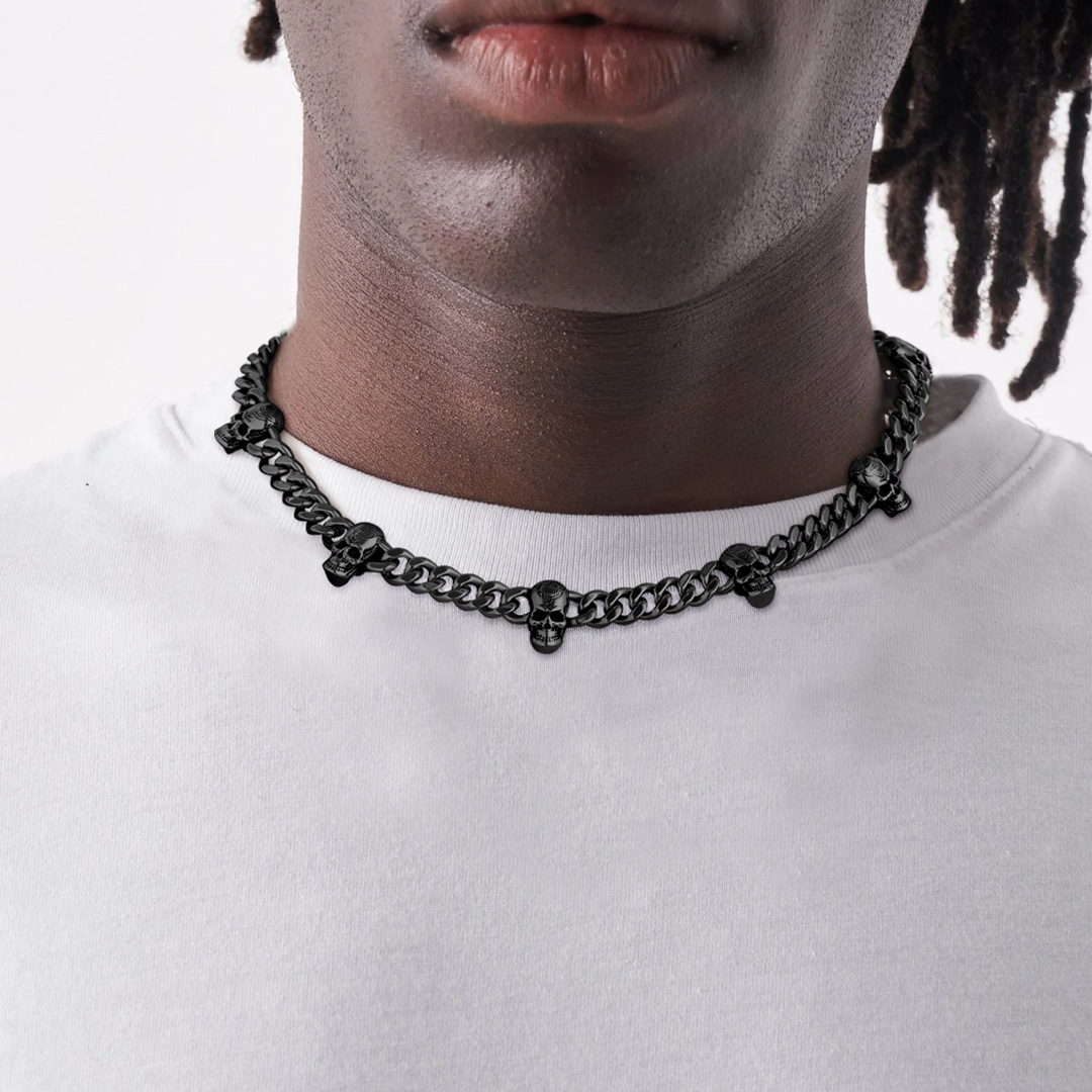 Gothic Skull Cuban Chain Necklace for Men - Black
