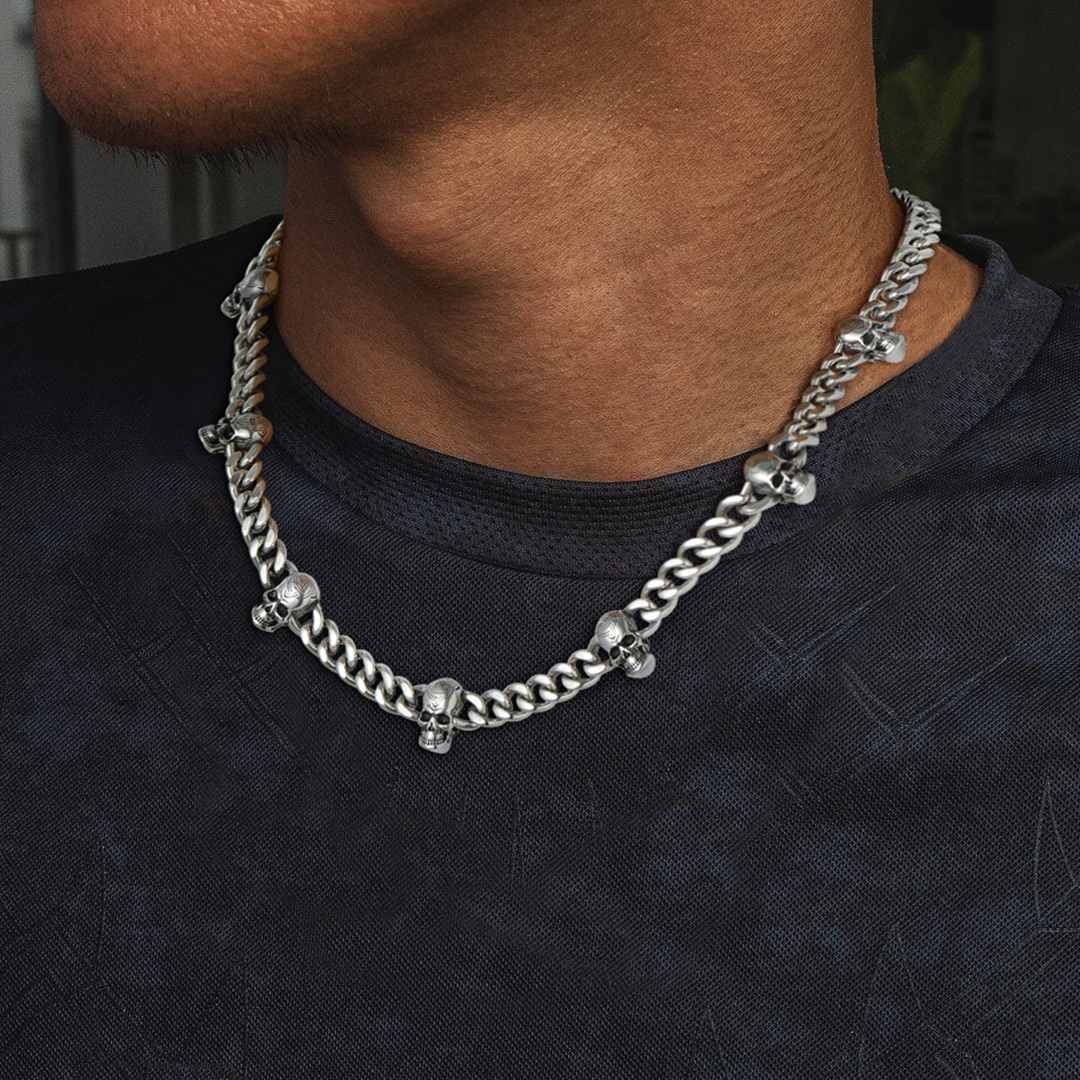 Gothic Skull Cuban Chain Necklace for Men - Steel