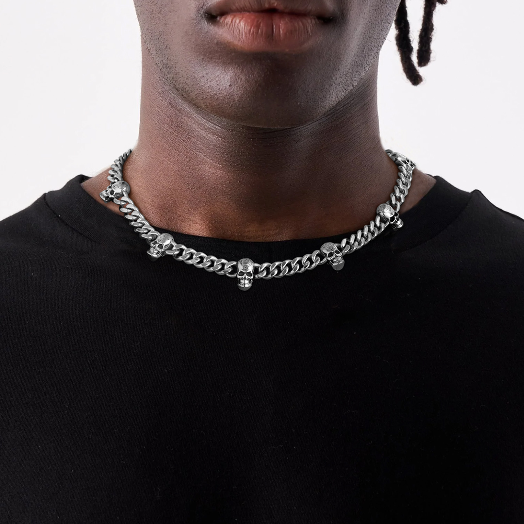 Gothic Skull Cuban Chain Necklace for Men - Steel