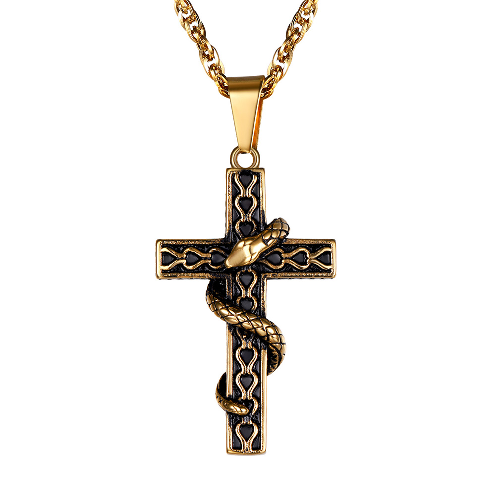 Gothic Snake Cross Necklace for Men – Gold Stainless Steel Pendant