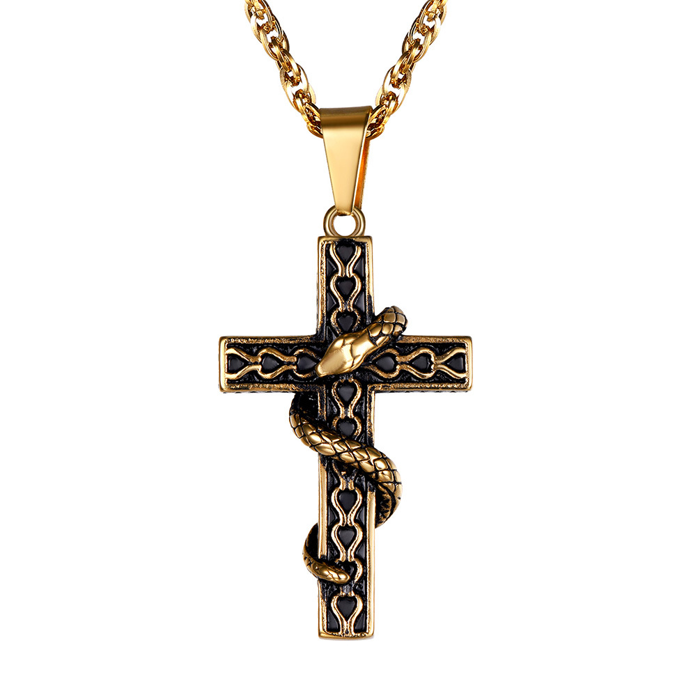 Gothic Snake Cross Necklace for Men – Gold Stainless Steel Pendant