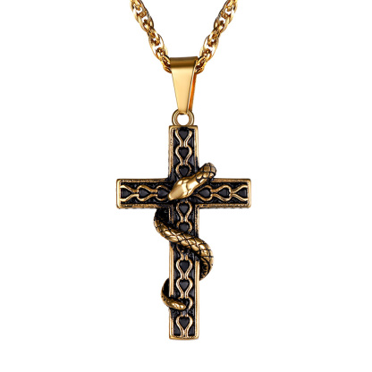 Gothic Snake Cross Necklace for Men – Gold Stainless Steel Pendant