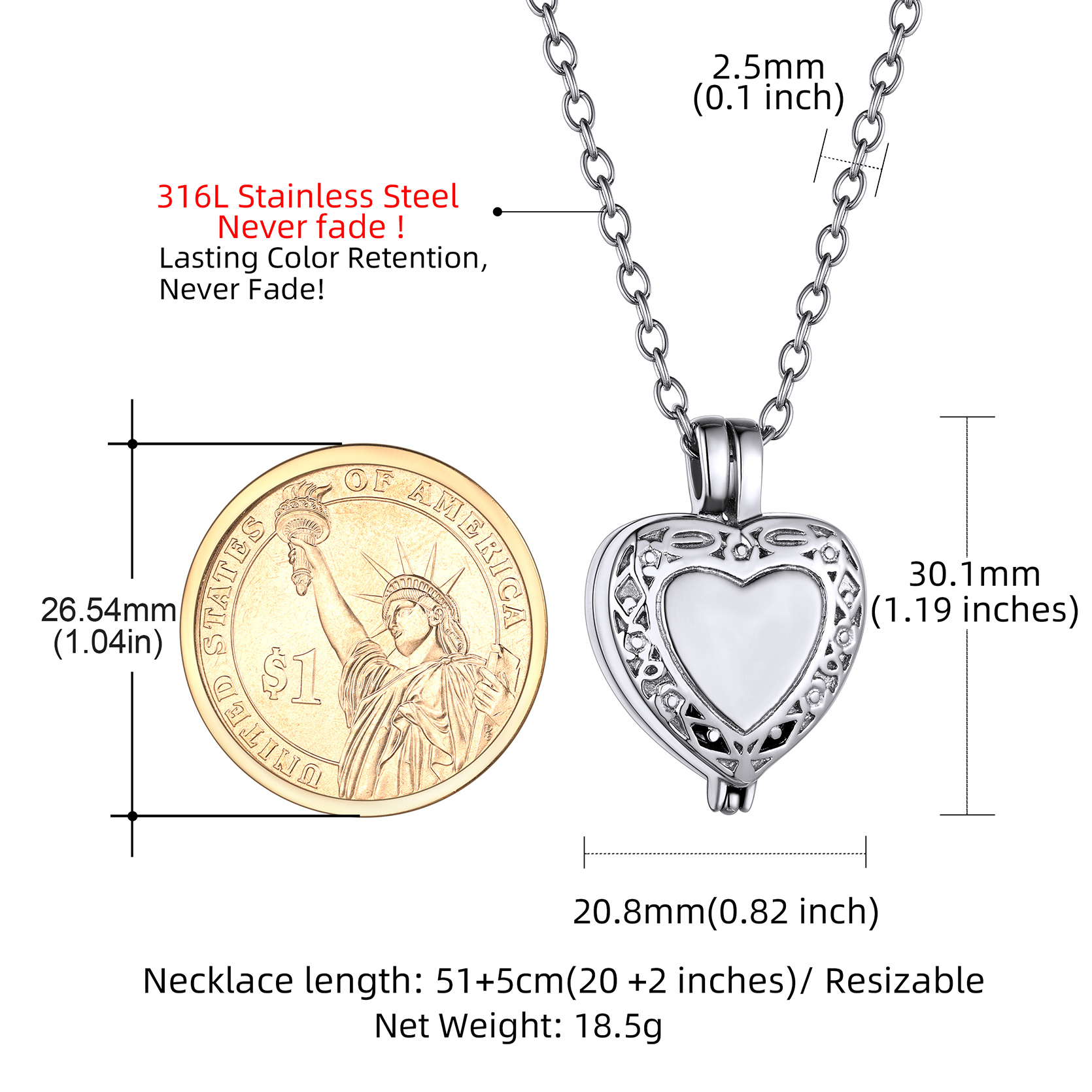 Heart Cremation Urn Ashes Stainless Steel Necklace Gift  For Her