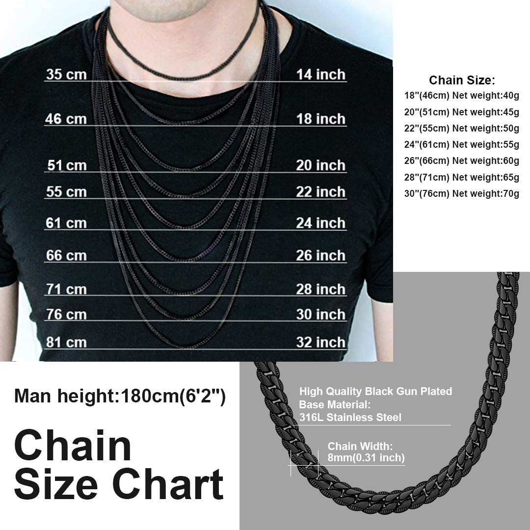 Hip Hop Cuban Chain for Men - 6/8mm Stainless Steel Necklace Size Guide