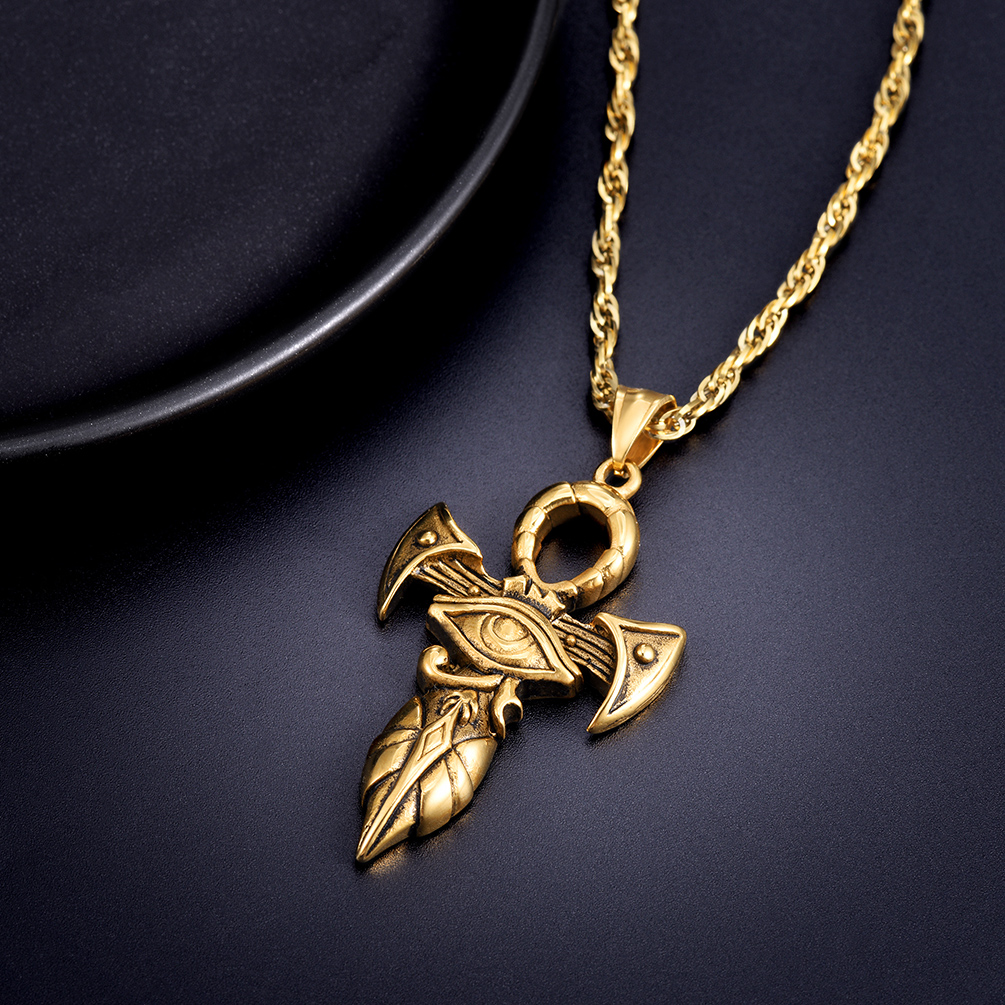 Gold ankh cross pendant necklace close up