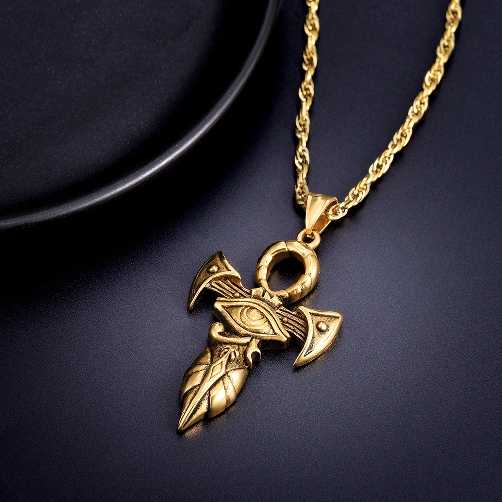 Gold ankh cross pendant necklace close up