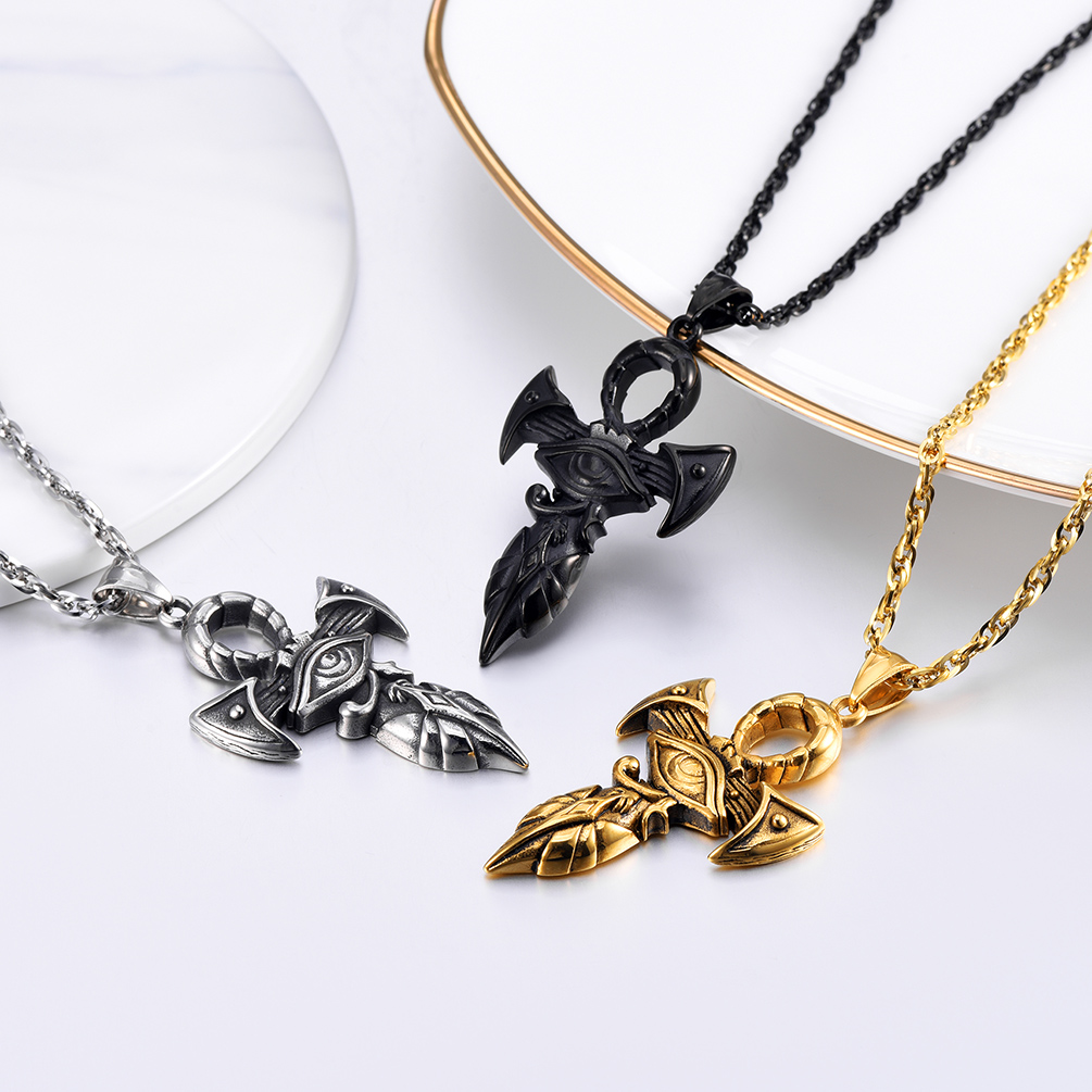 Ankh cross pendant necklace in steel gold and black