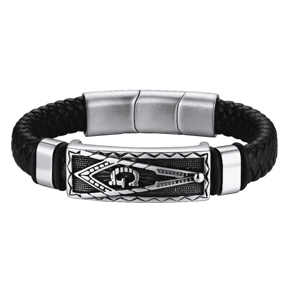 Masonic Compass Braided Black Leather Bracelet For Men