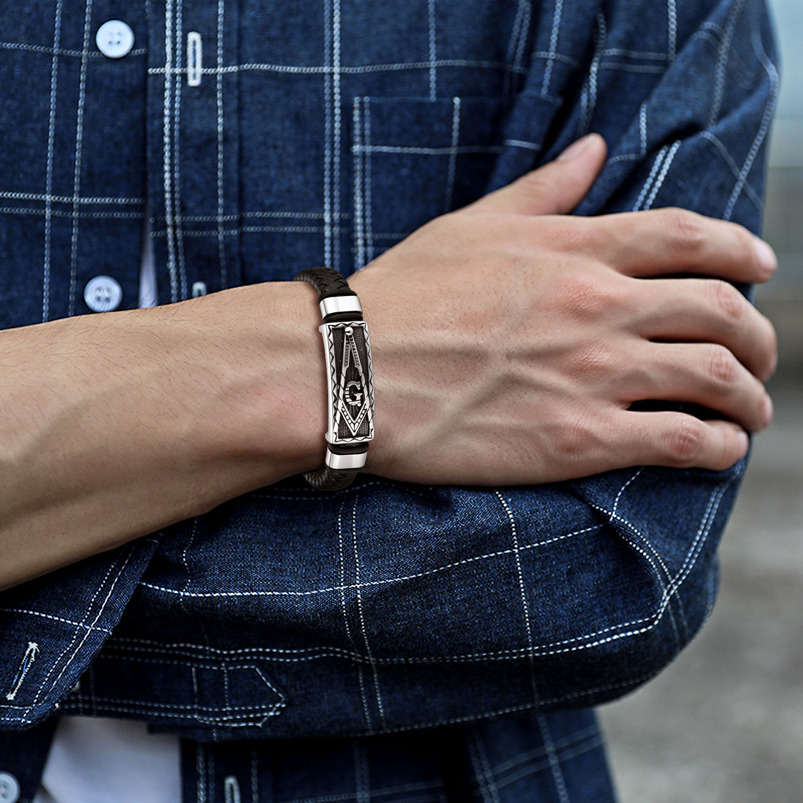 Masonic Compass Braided Black Leather Bracelet For Men