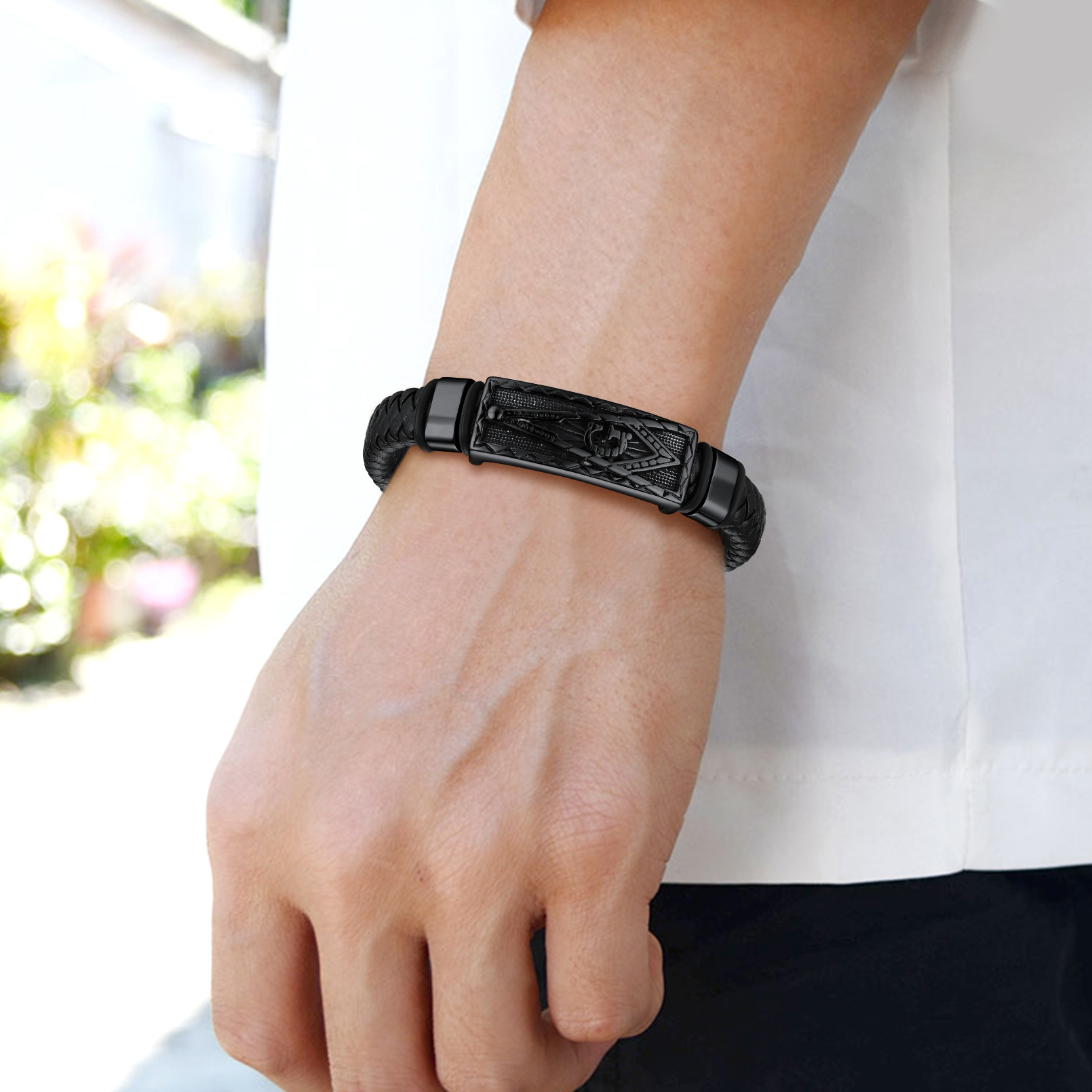 Masonic Compass Braided Black Leather Bracelet For Men