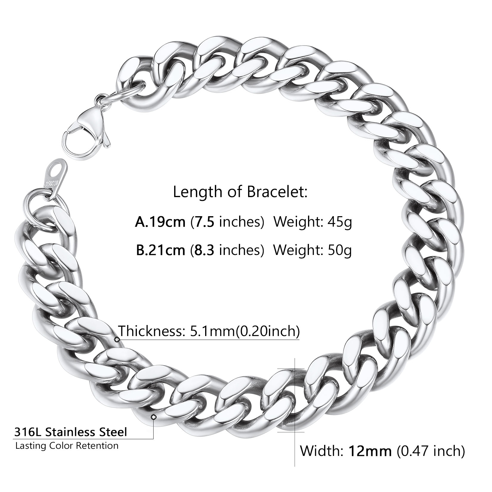 Men’s Cuban Chain Bracelet 5/7/9/12mm Width