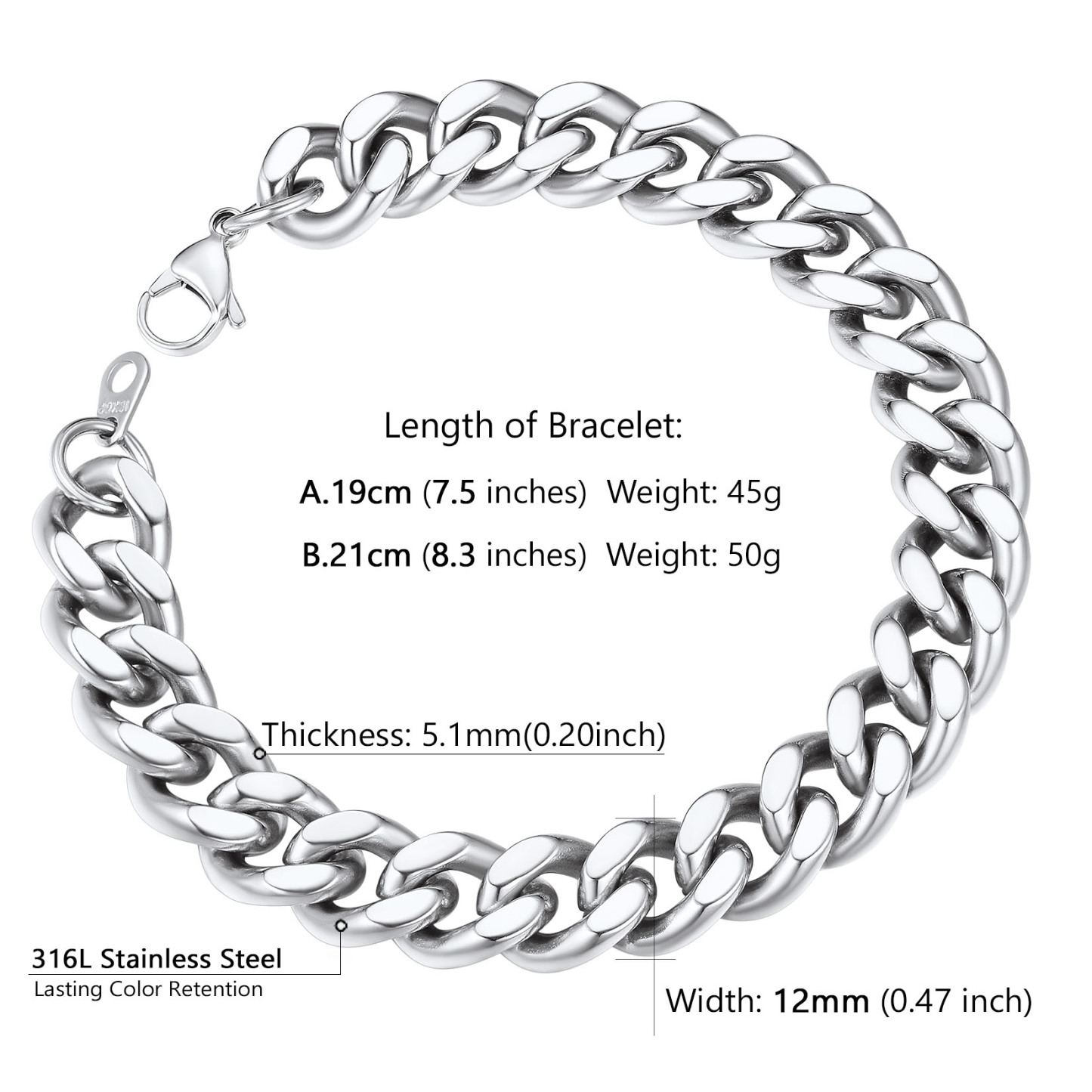 Men’s Cuban Chain Bracelet 5/7/9/12mm Width