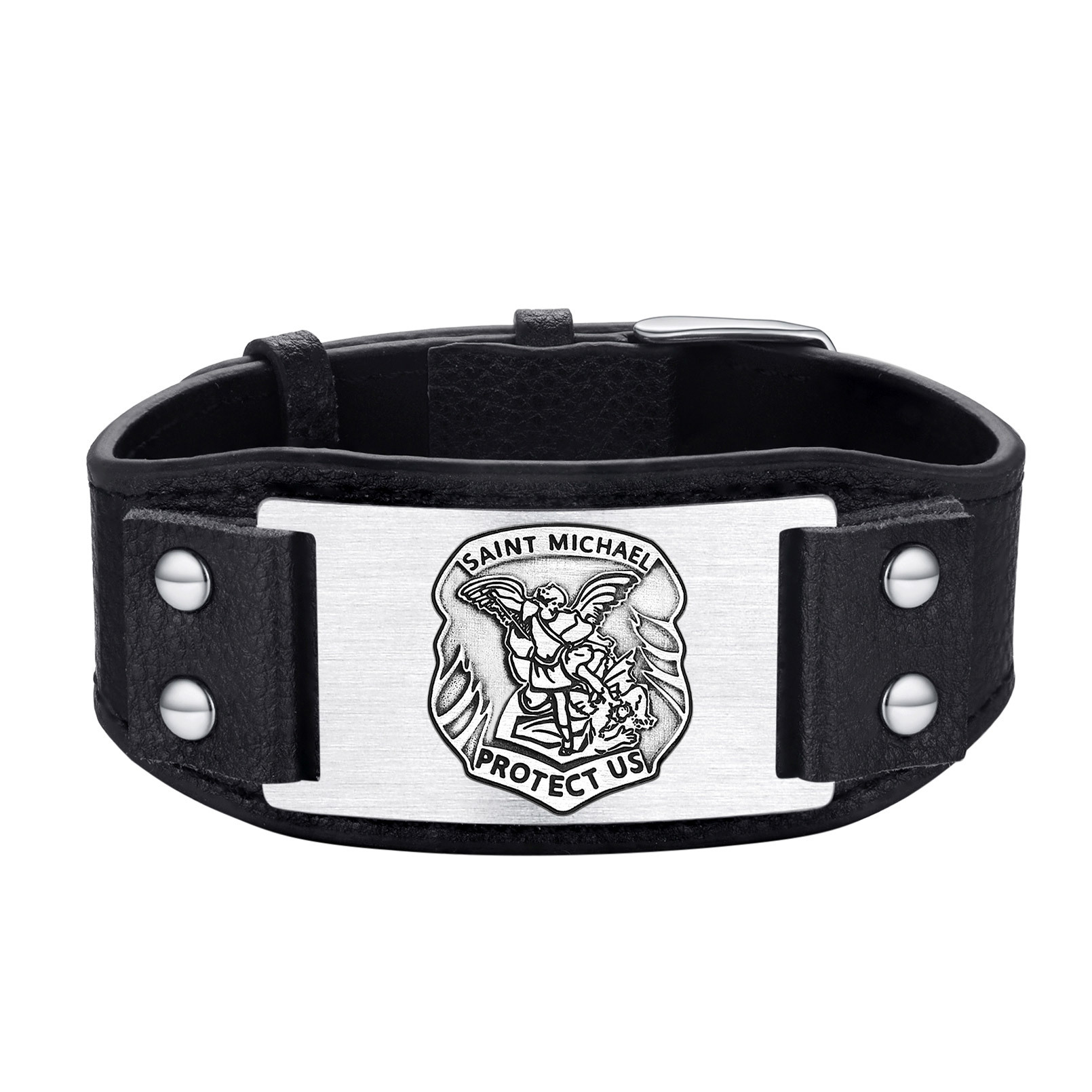 Michel Black Lychee Leather Bracelet With Old School Style - main image