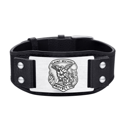 Michel Black Lychee Leather Bracelet With Old School Style - main image