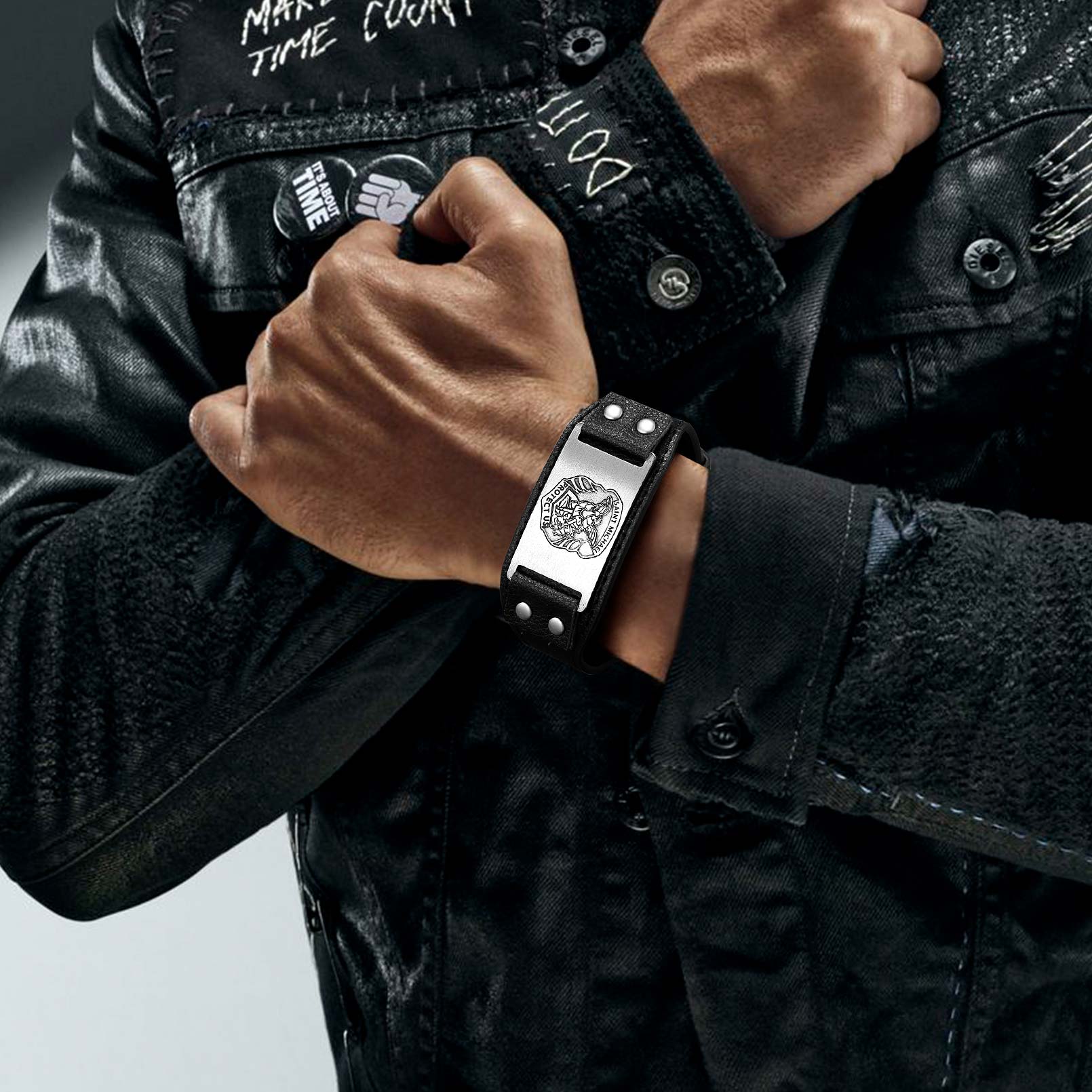 Michel Black Lychee Leather Bracelet With Old School Style - model effect