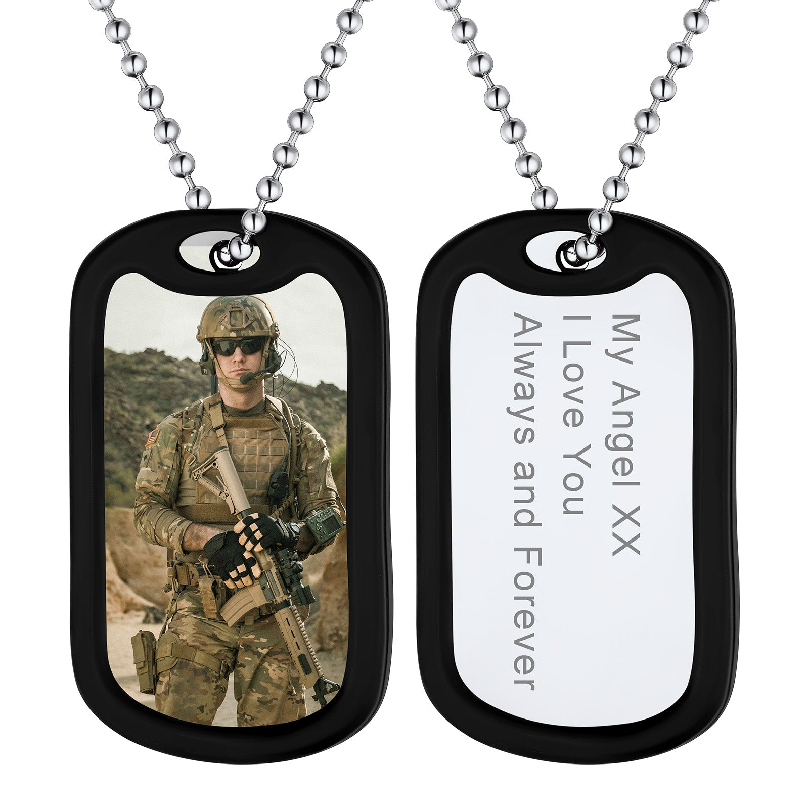 Military photo dog tag necklace with custom photo and message