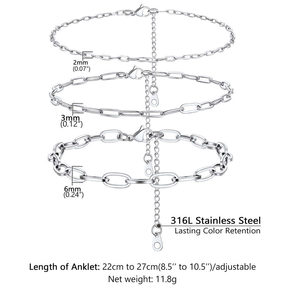 Paperclip anklet size chart showing 2mm, 3mm, and 6mm widths