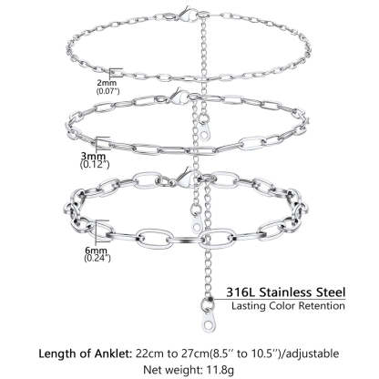 Paperclip anklet size chart showing 2mm, 3mm, and 6mm widths
