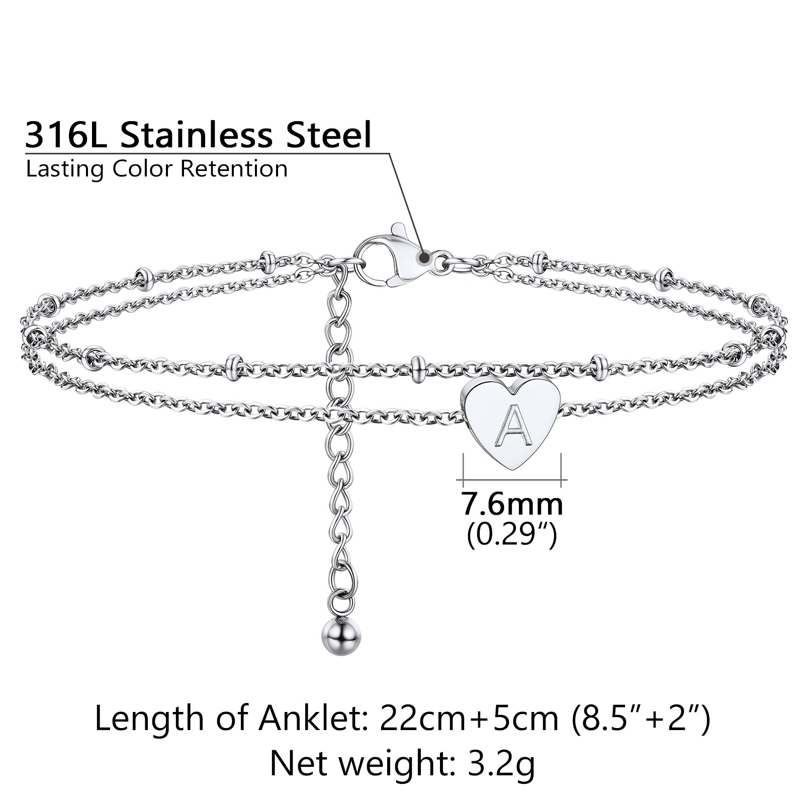 Heart Chain with Bead Charm Anklet for Women