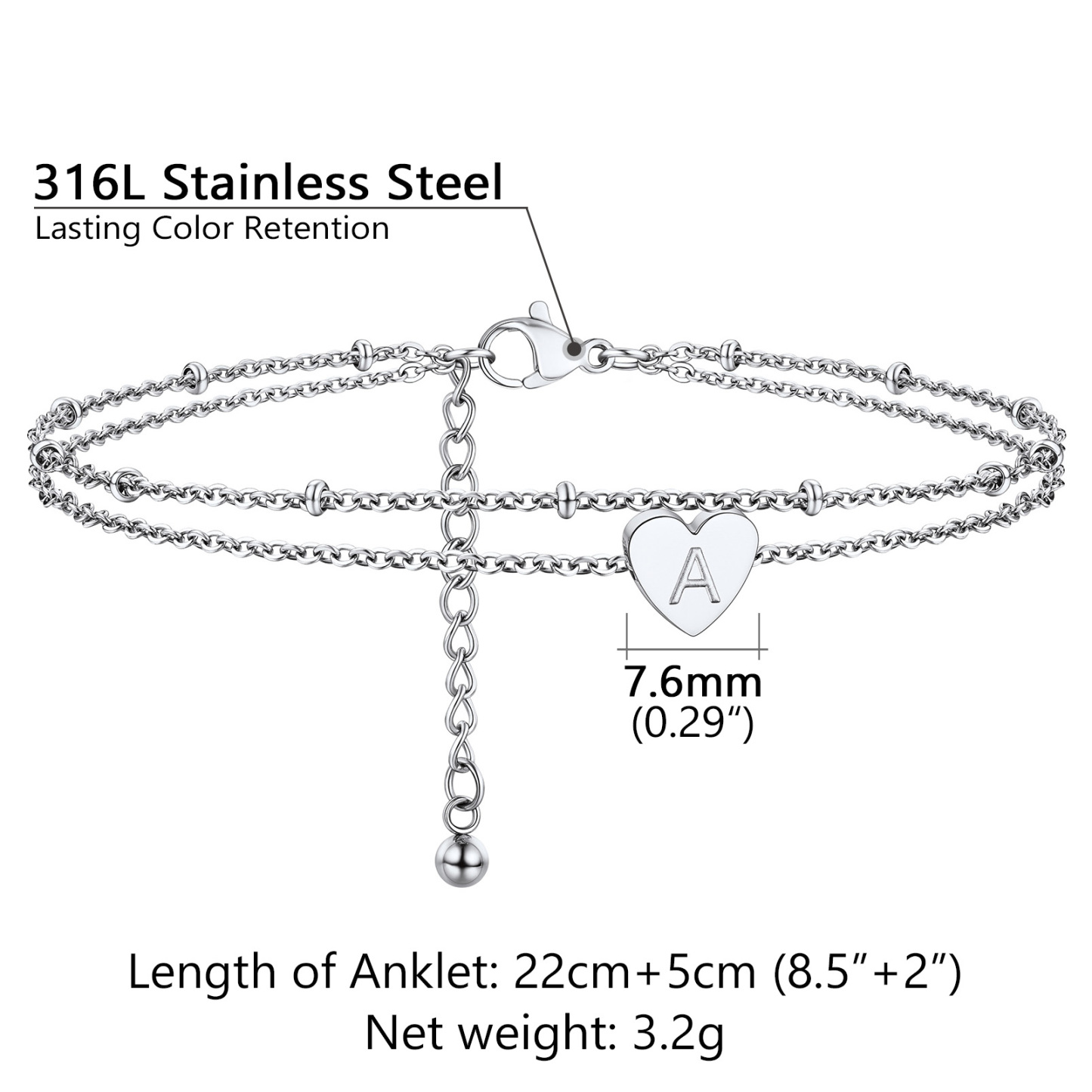 Heart Chain with Bead Charm Anklet for Women