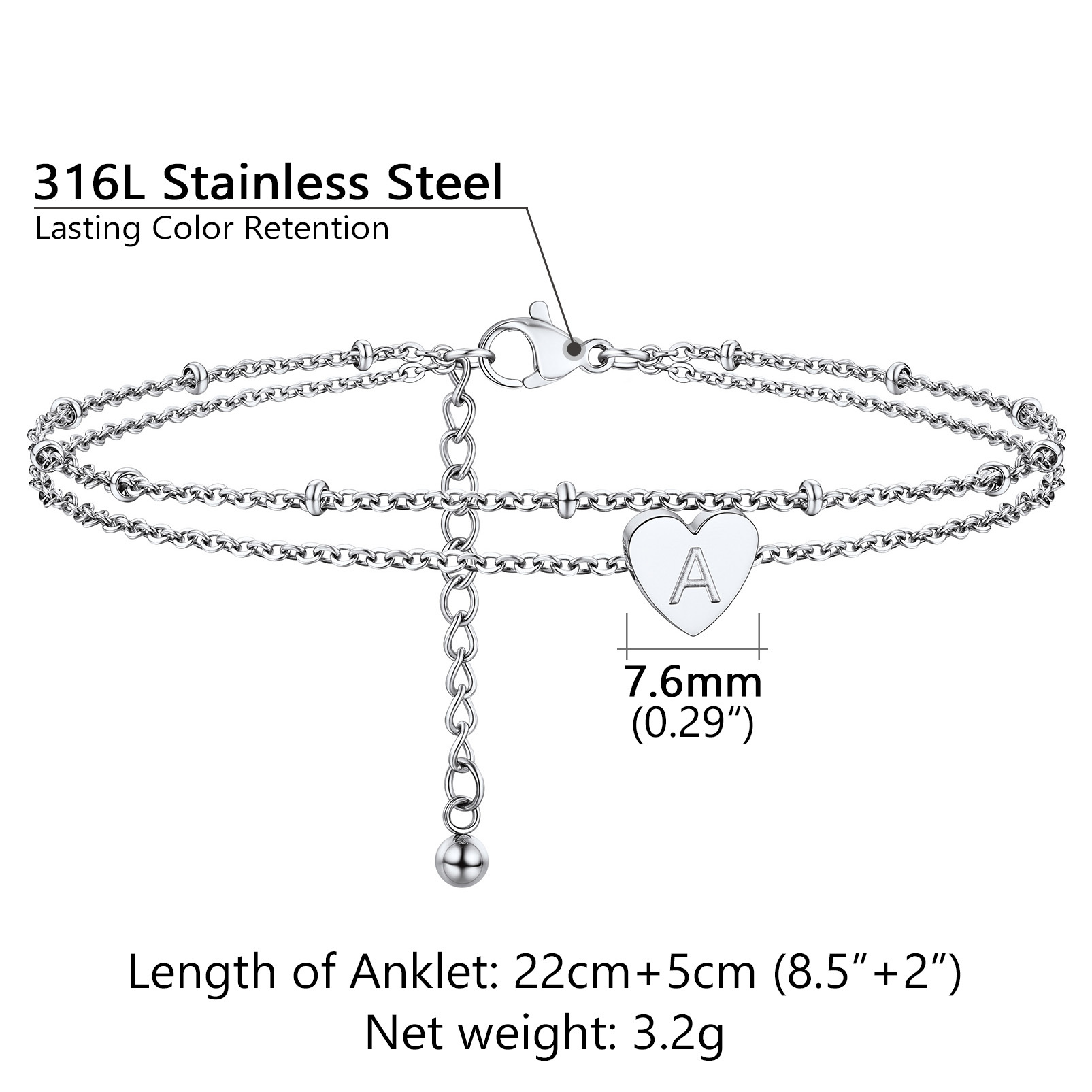Heart Chain with Bead Charm Anklet for Women