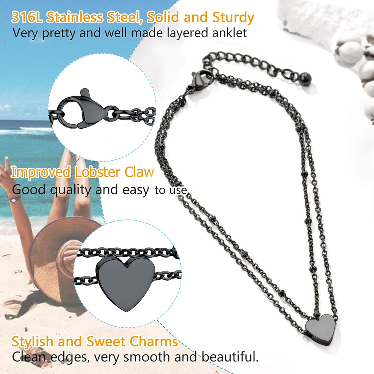 Black Heart Chain Anklets