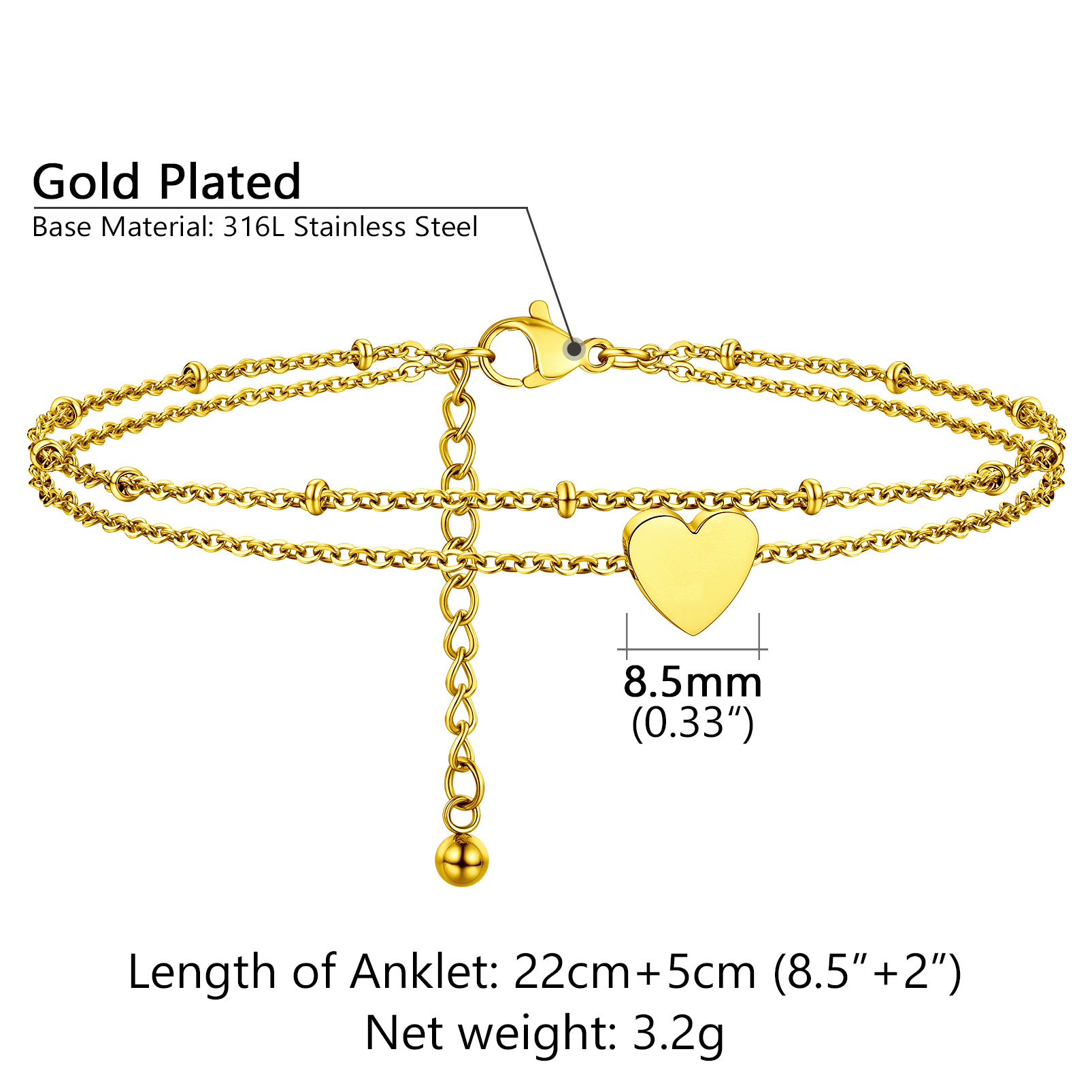 Gold plated stainless steel heart anklet with two layered chains adjustable length 8.5mm heart charm specifications