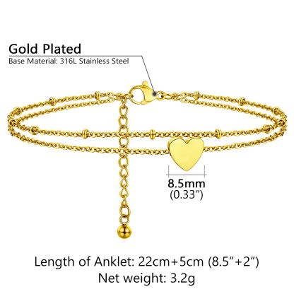Gold plated stainless steel heart anklet with two layered chains adjustable length 8.5mm heart charm specifications