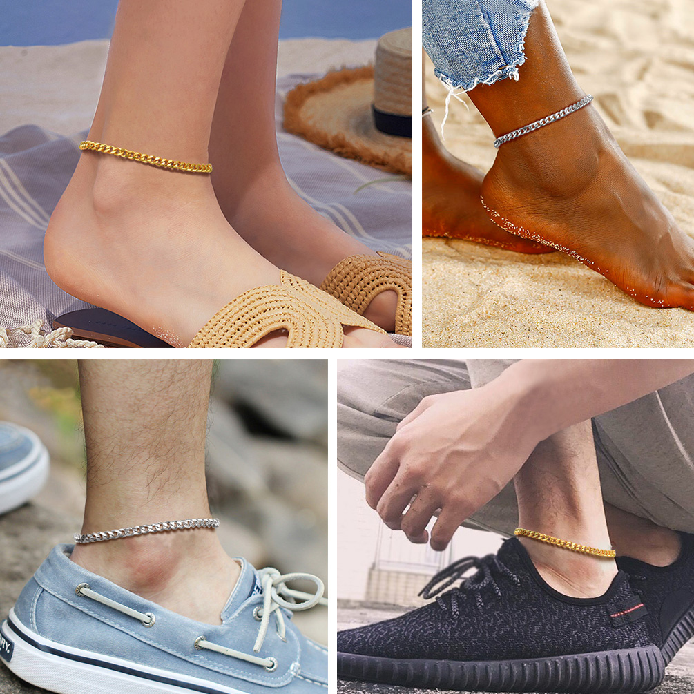 Four lifestyle photos: gold and silver anklets worn