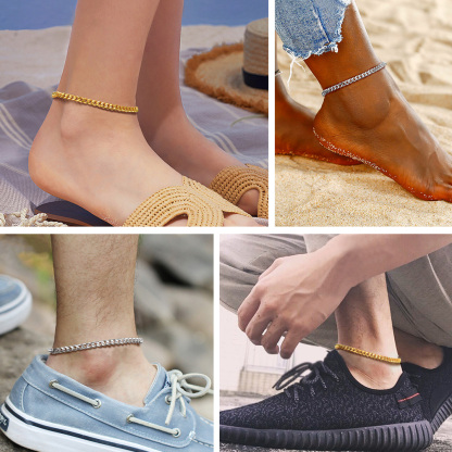 Four lifestyle photos: gold and silver anklets worn