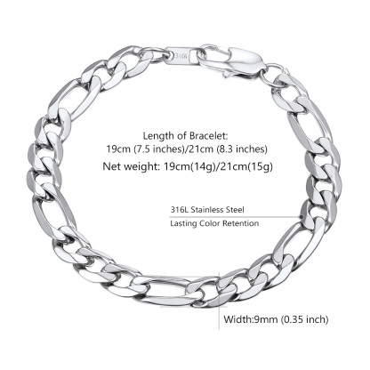 9mm Men's  Figaro Steel Bracelet size chart