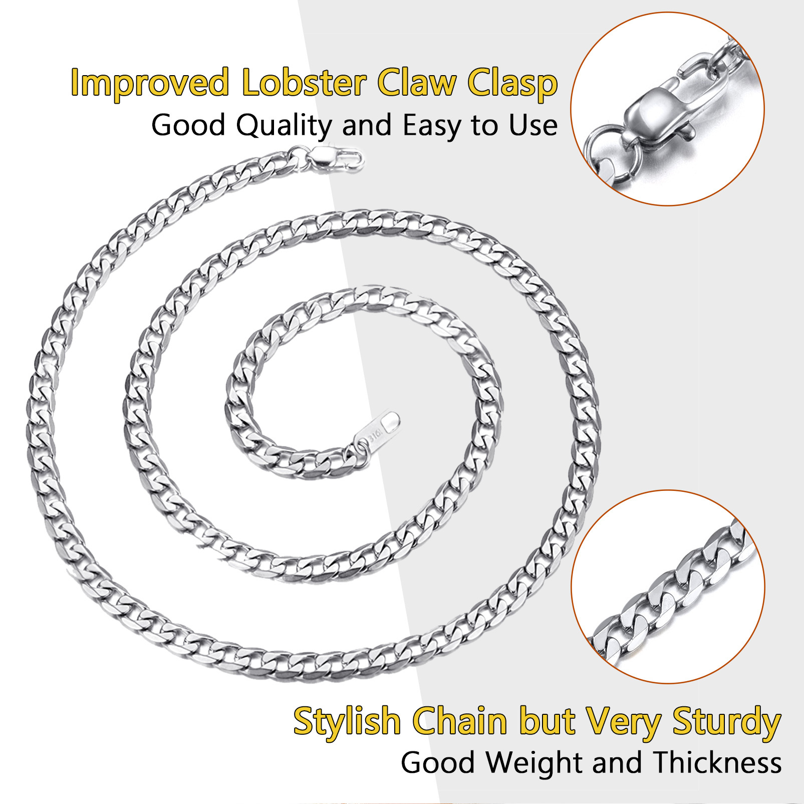 stainless steel curb chain necklace with lobster clasp on white background