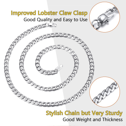 stainless steel curb chain necklace with lobster clasp on white background