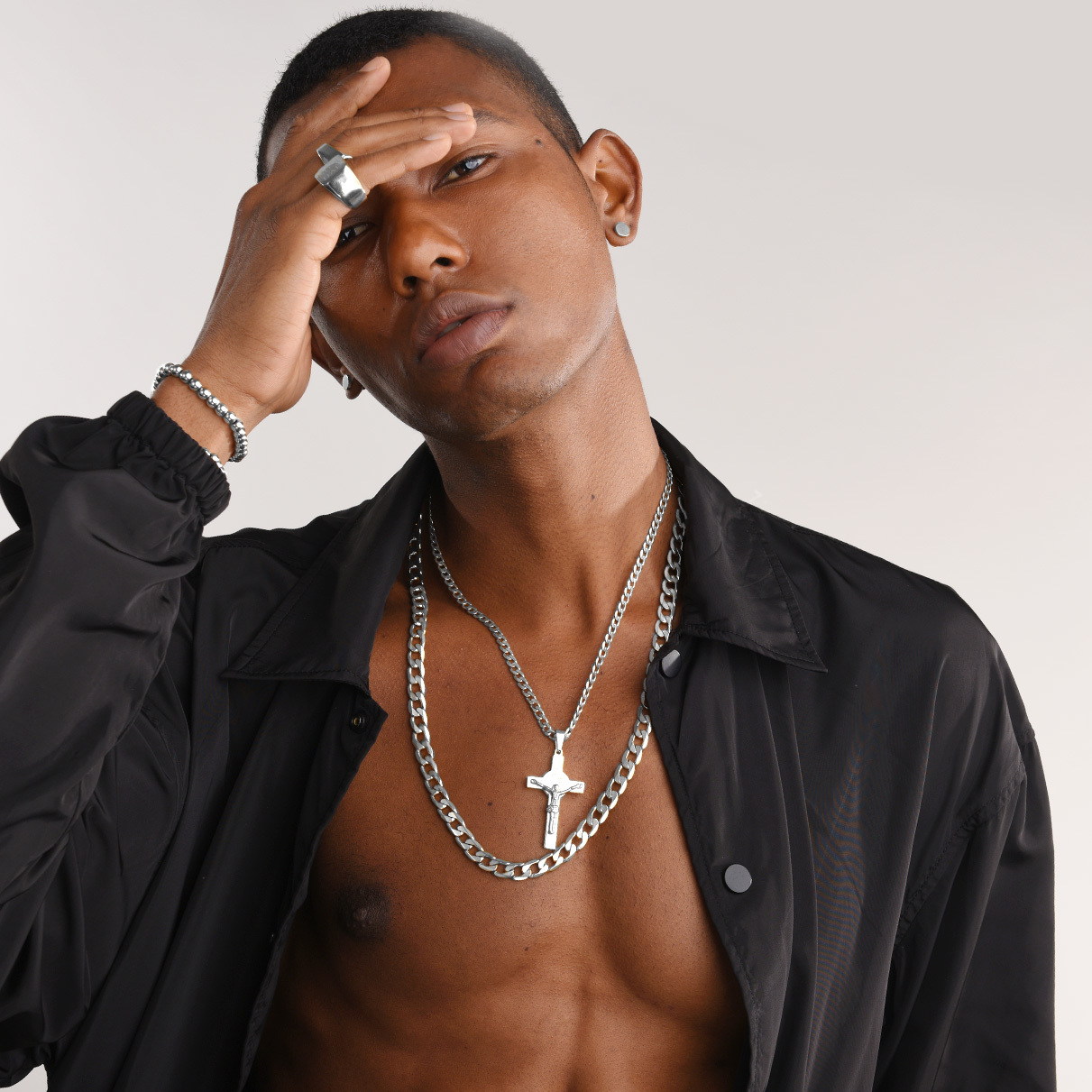 Man layered chain necklace styling chains