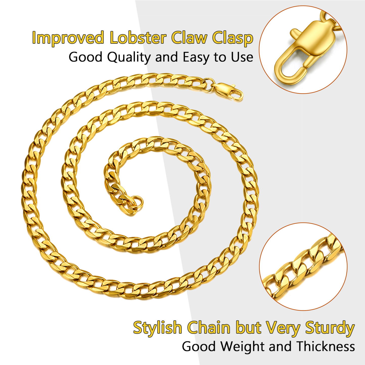 Gold cuban chain necklace with lobster clasp detail