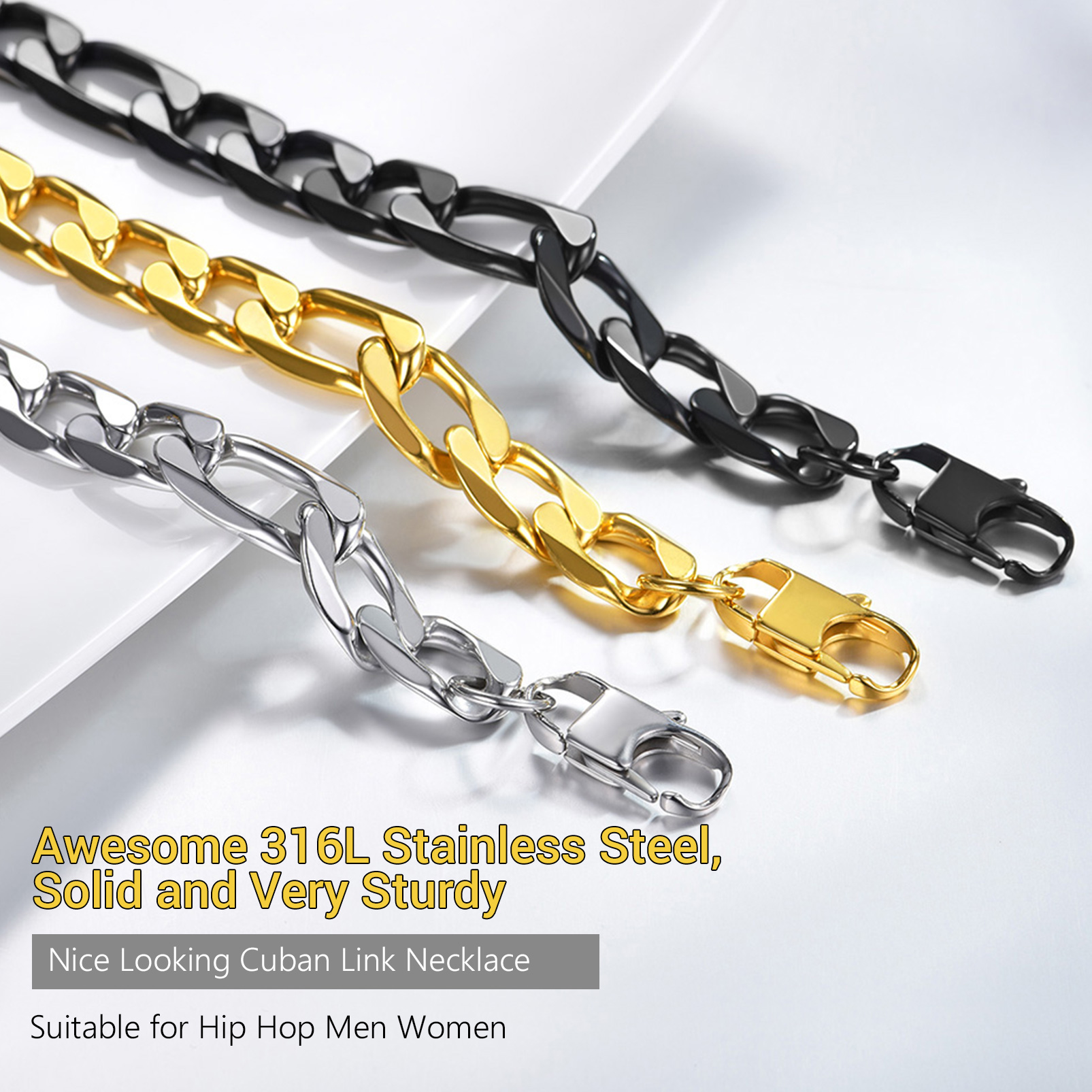Black gold steel Cuban link chains color options