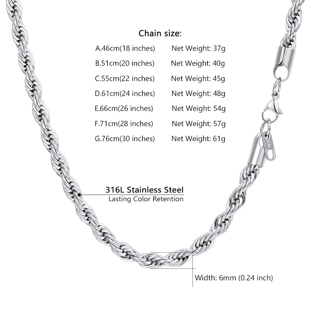 Stainless steel rope chain necklace size chart