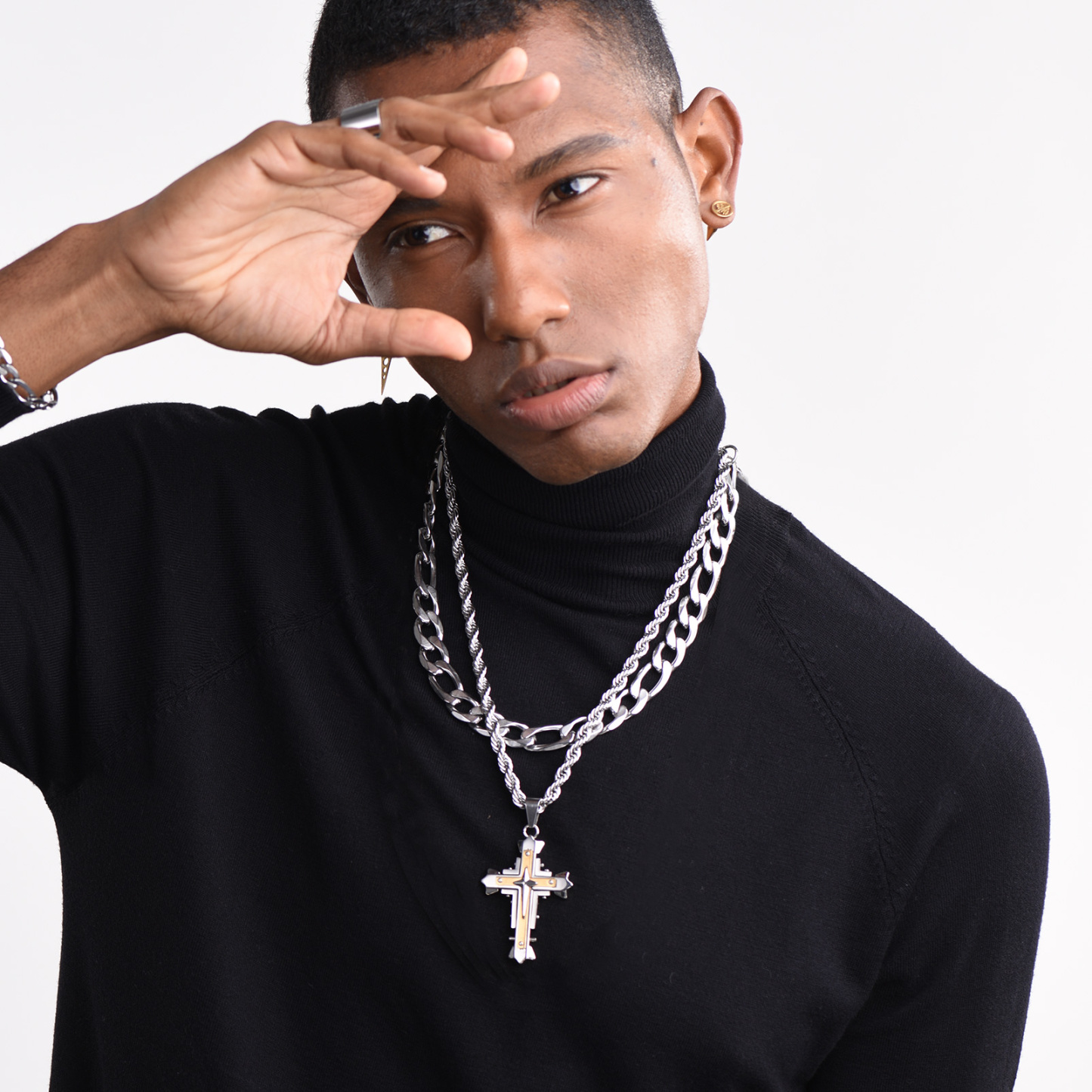 Stainless steel rope chain necklace layered on model