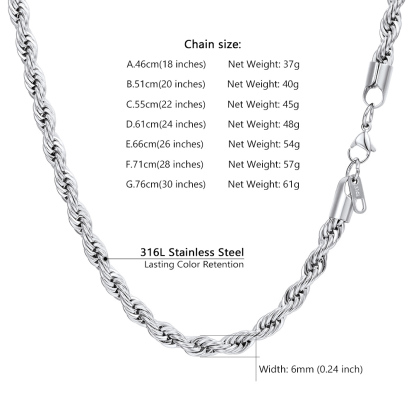 Stainless steel rope chain necklace size chart