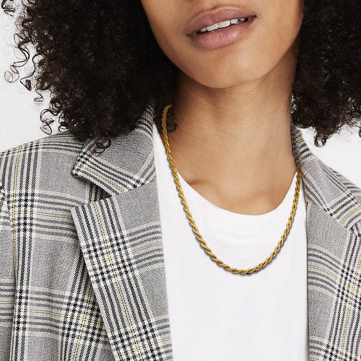 Gold stainless steel rope chain necklace on model