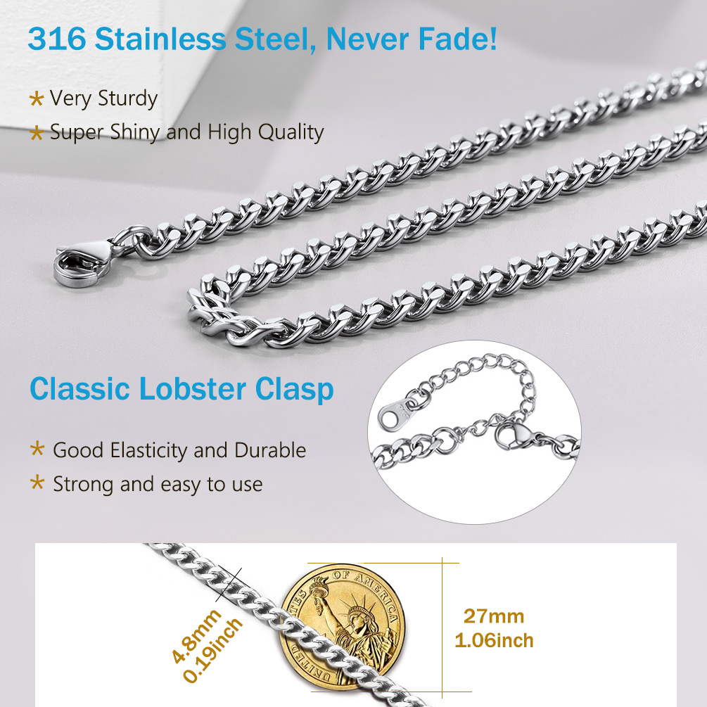 4mm Cuban Link Chain Necklaces Stainless Steel 14/18/20/22/24/26/28/30 inches