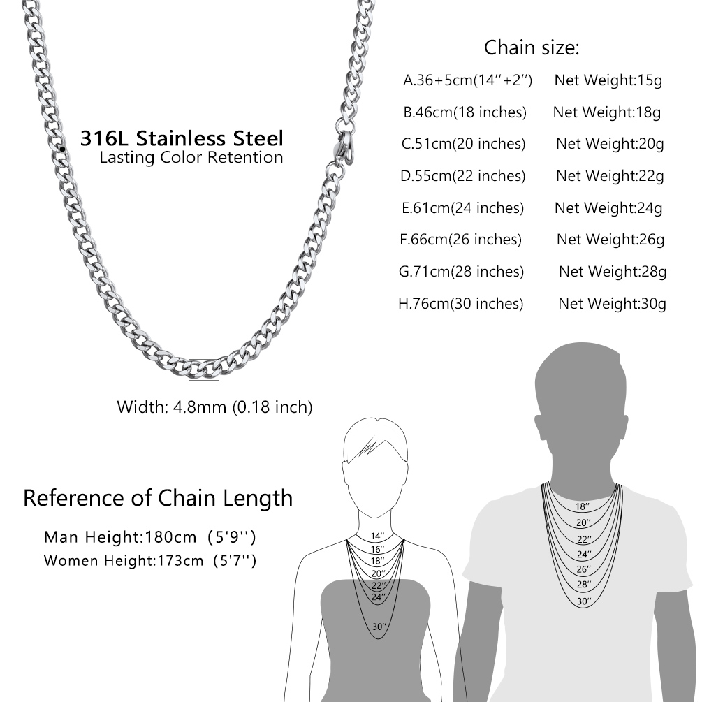 4mm Cuban Link Chain Necklaces Stainless Steel 14/18/20/22/24/26/28/30 inches
