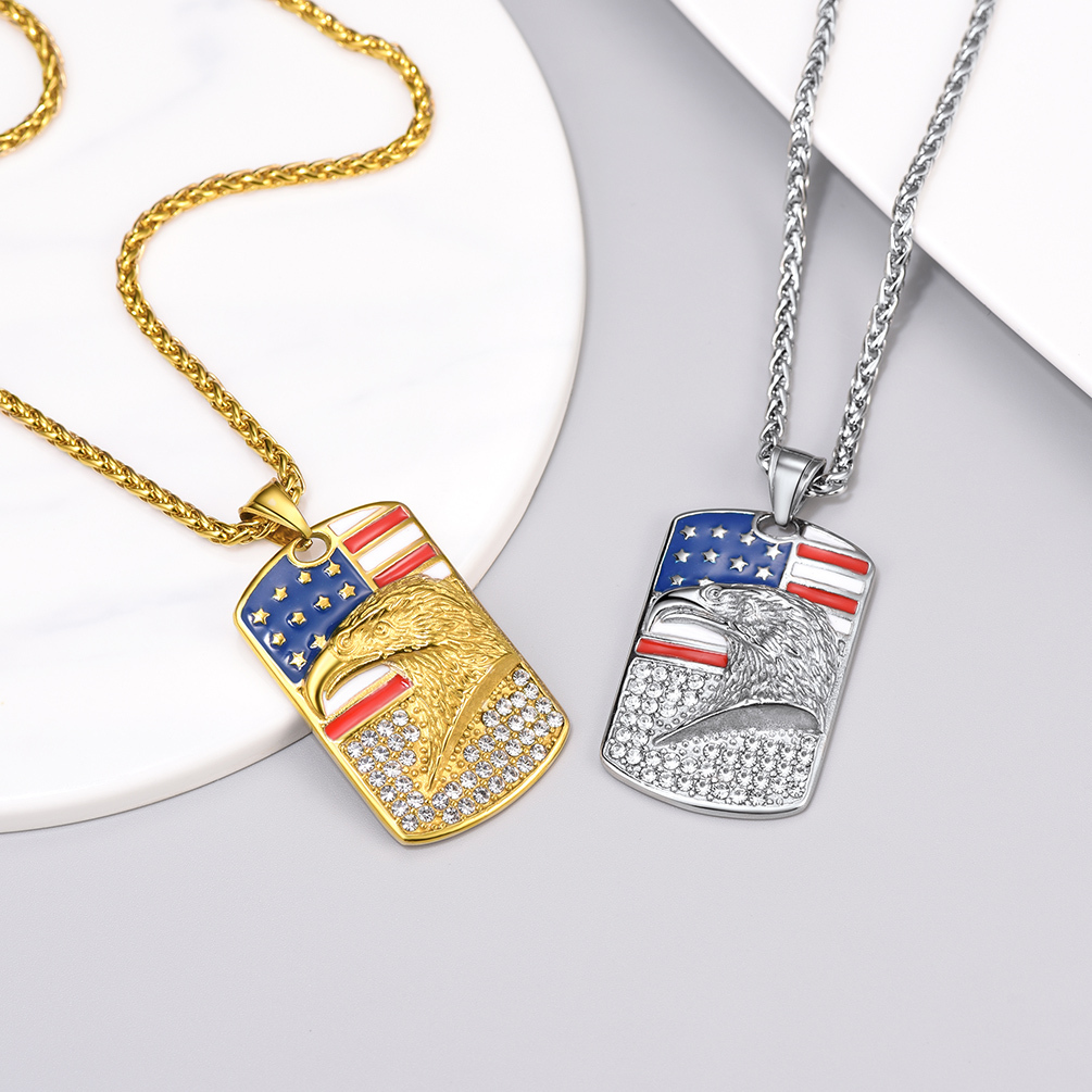 Engraved Zircon American Flag Eagle Pendant Dog Tag for Men