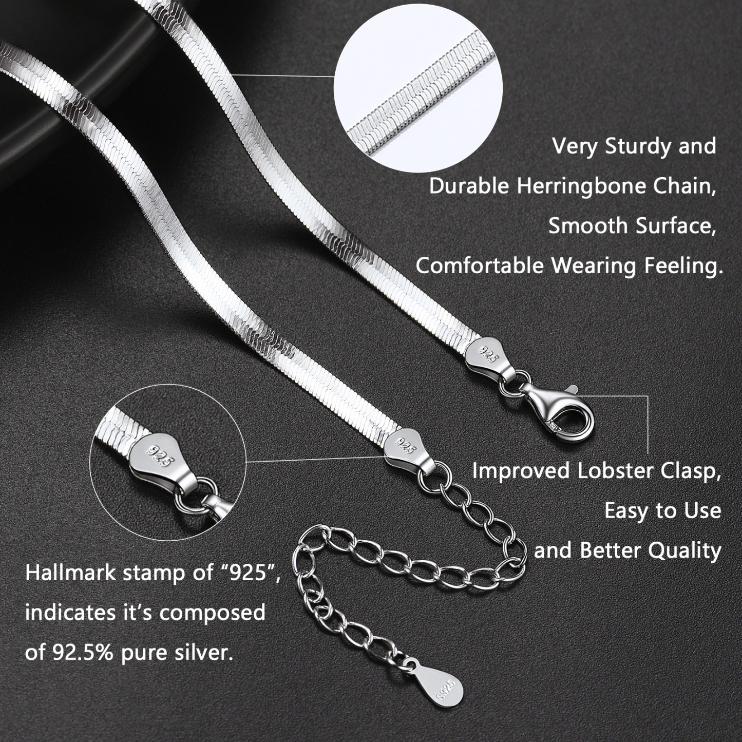 Close-up of a 925 sterling silver herringbone chain showcasing its texture