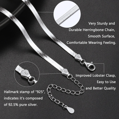 Close-up of a 925 sterling silver herringbone chain showcasing its texture