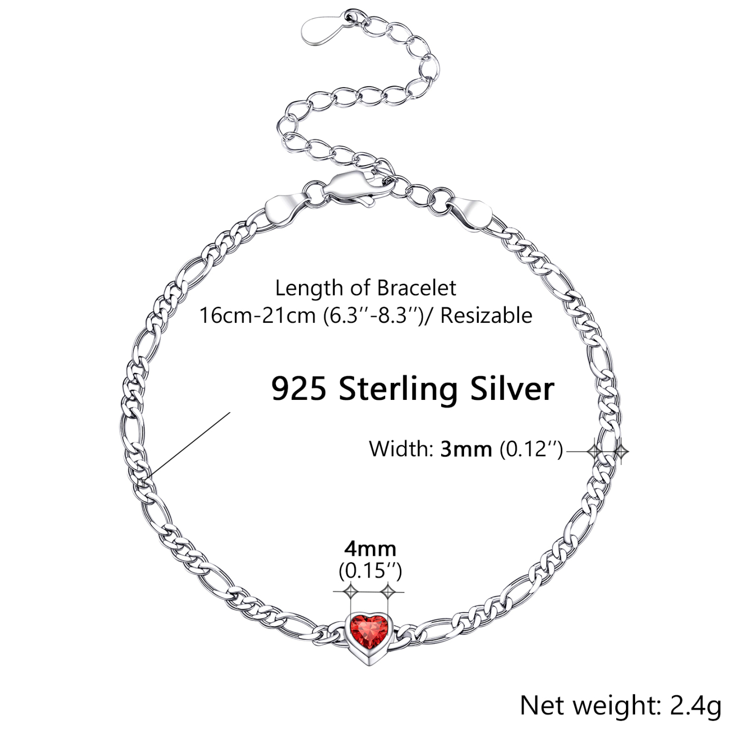 Sterling Silver Heart Birthstone Bracelet For Women