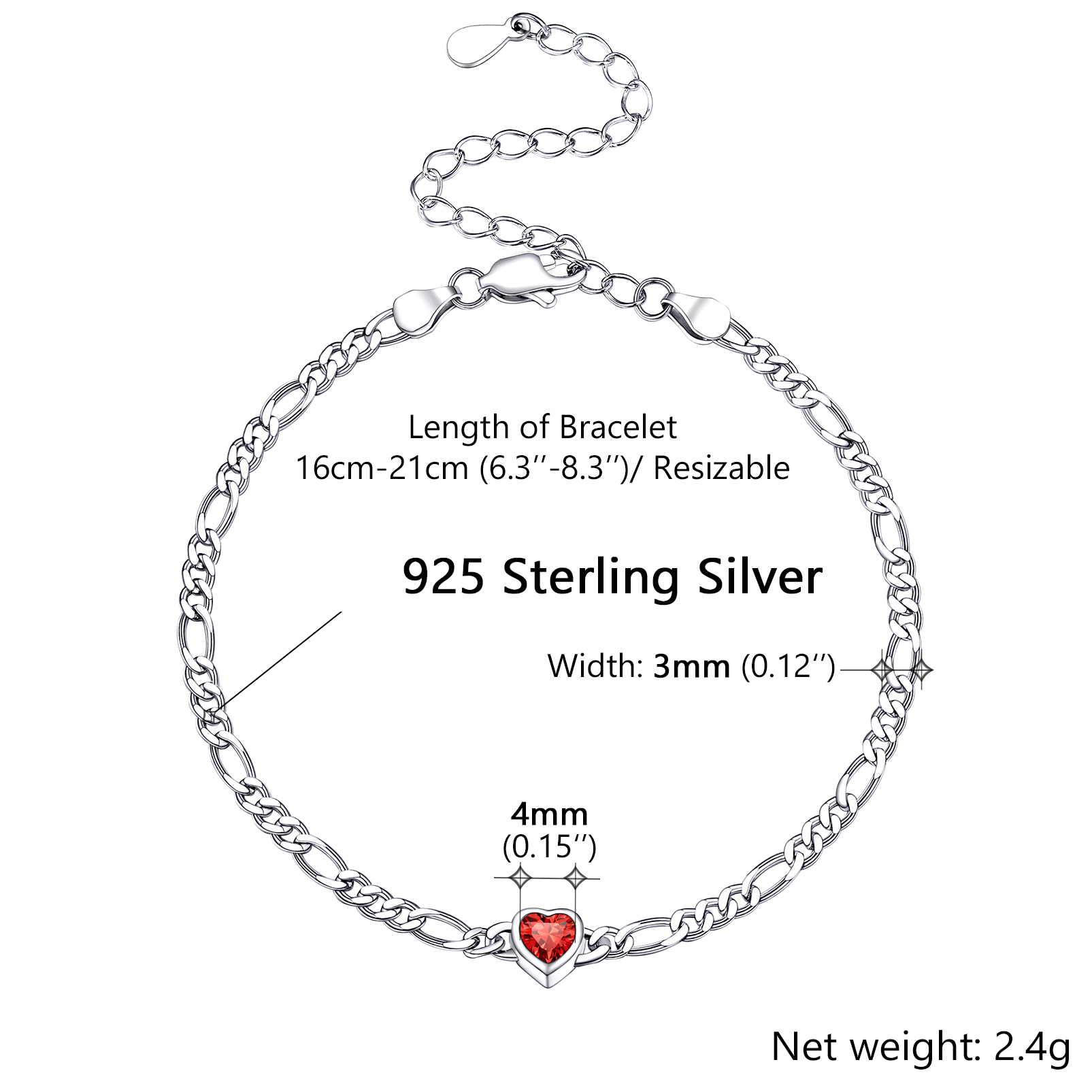 Sterling Silver Heart Birthstone Bracelet For Women