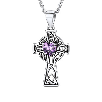 Silver Birthstone Cross Pendant Necklace for Women FEB