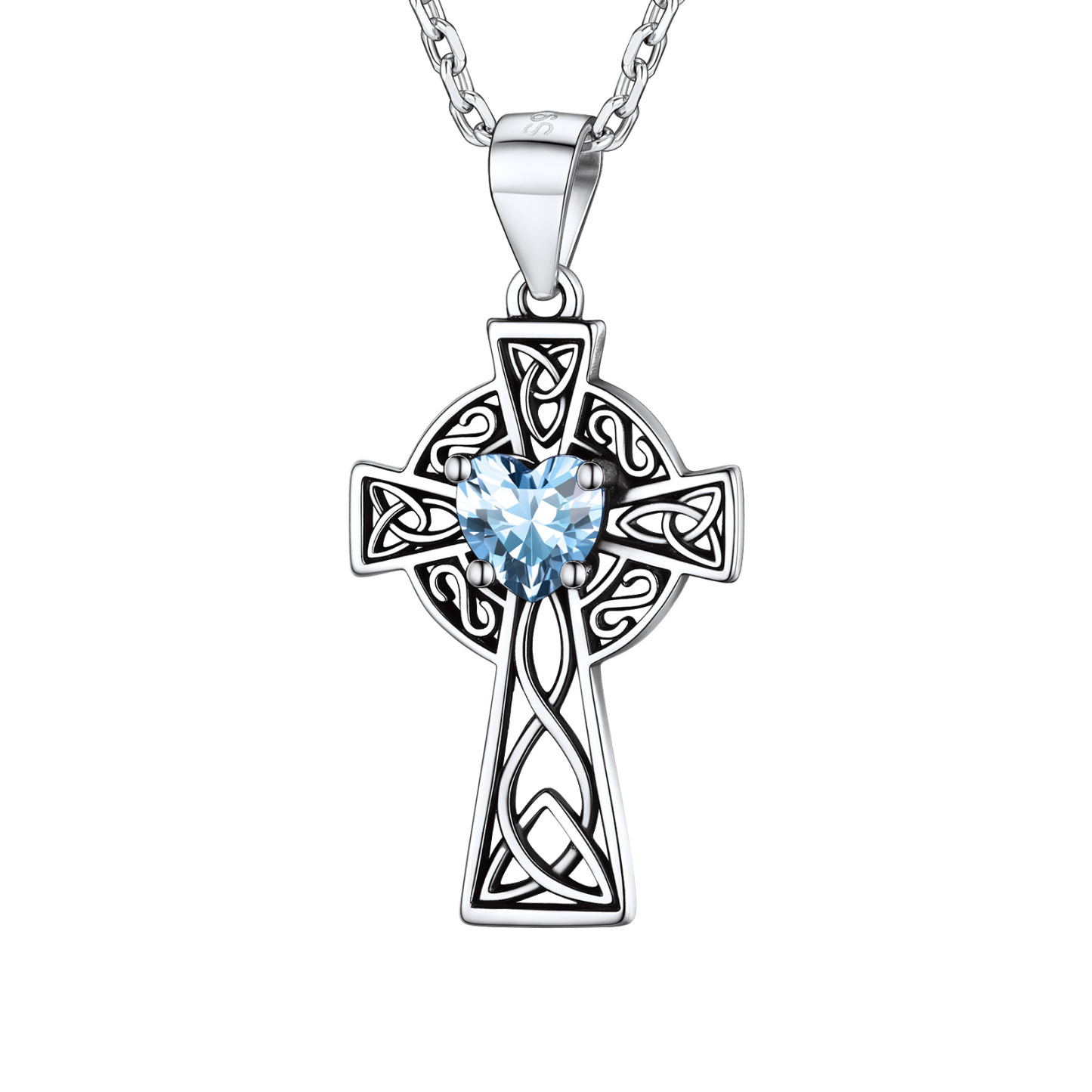 Silver Birthstone Cross Pendant Necklace for Women MAR